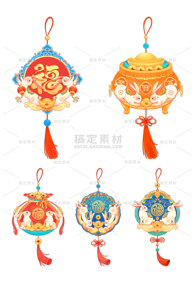素材组合-国潮风-兔年春节挂饰组合贴纸