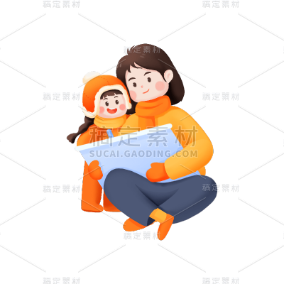 卡通感教育培训母女看书元素贴纸