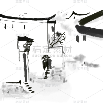手绘-中国风水墨风场景贴纸-房子