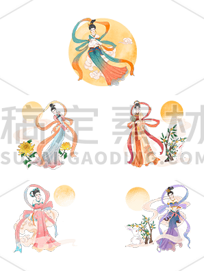 素材组合-中秋节人物插画-嫦娥玉兔
