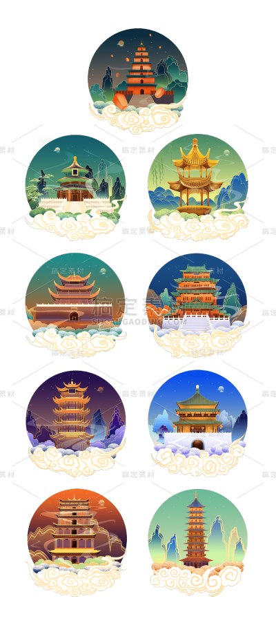 素材组合-中秋国庆中国风建筑贴纸