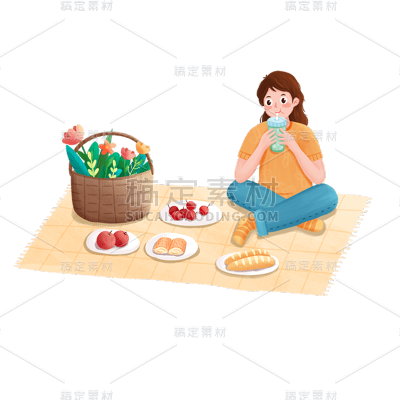 卡通感清明节女生元素贴纸