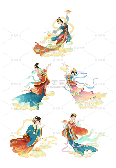素材组合-中秋节中国风人物插画-仙女