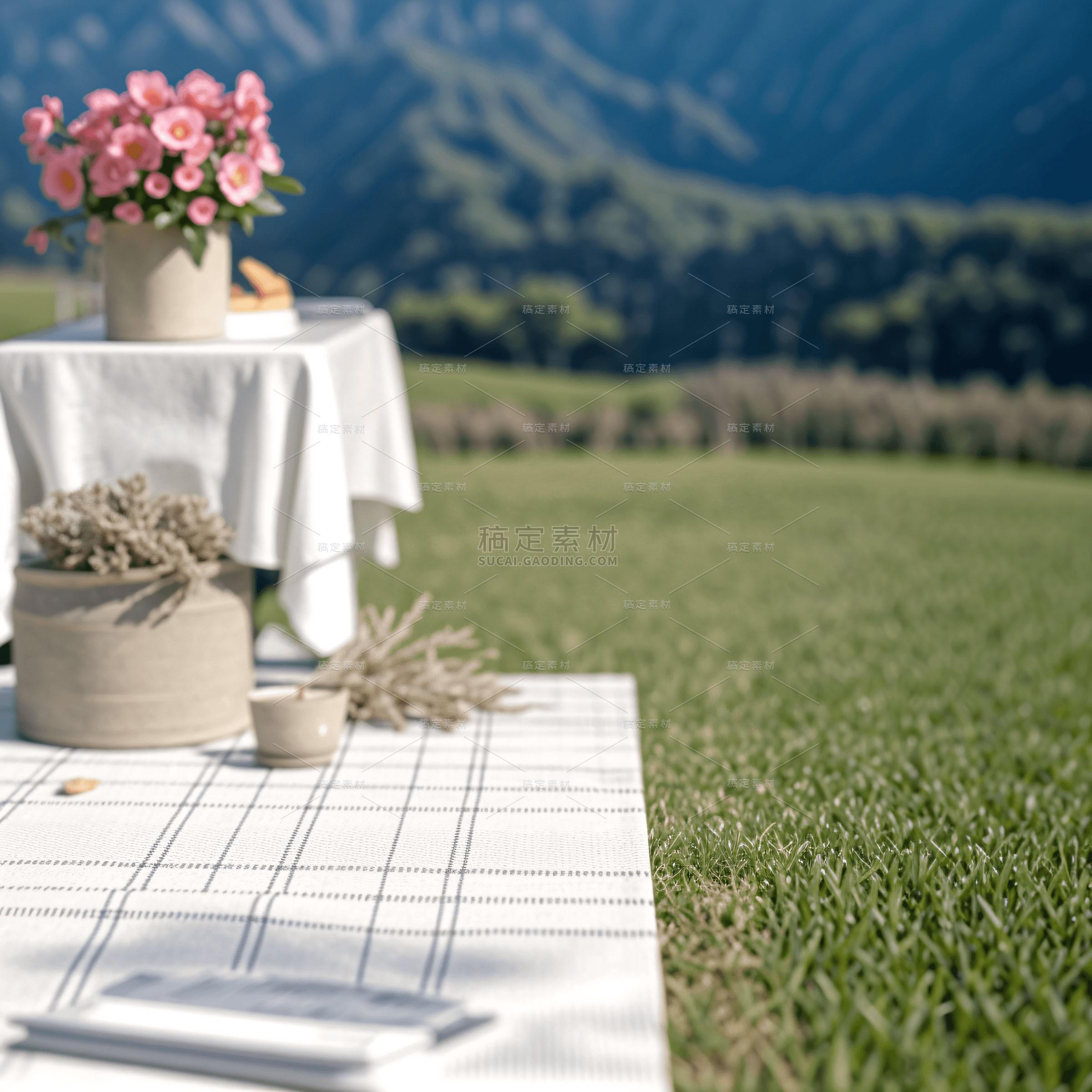 insMind Outdoor Background Wooden Picnic Table Green Lawn Mountain Valley