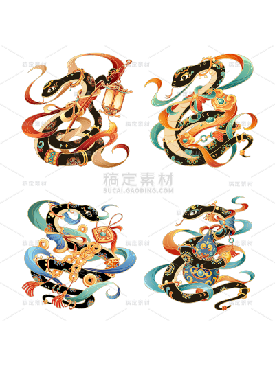 蛇年春节敦煌风插画蛇年IP大尺寸贴纸组合