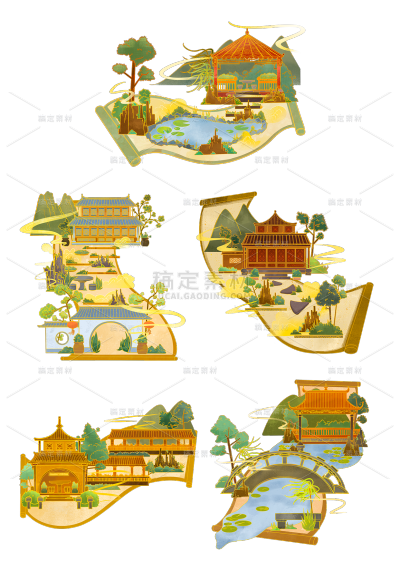 素材组合-中国风-国潮山水园林卷轴