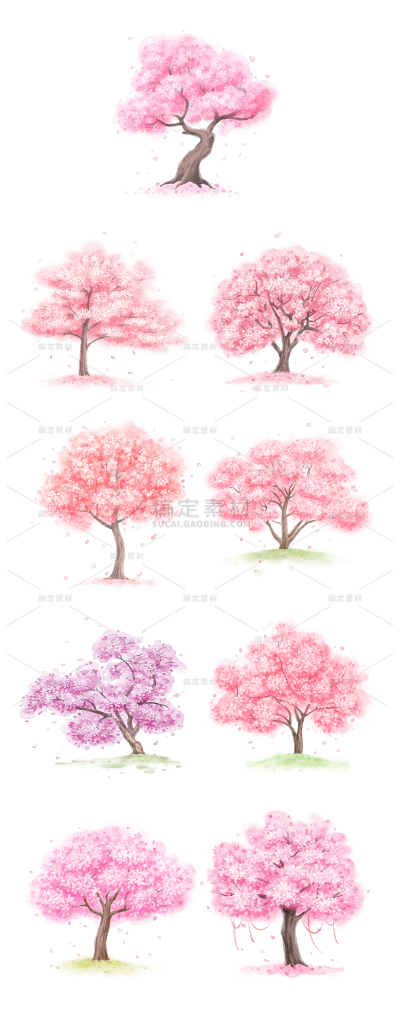 素材组合-通用浪漫手绘樱花树免抠元素素材