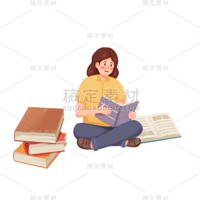 卡通感女生阅读元素贴纸