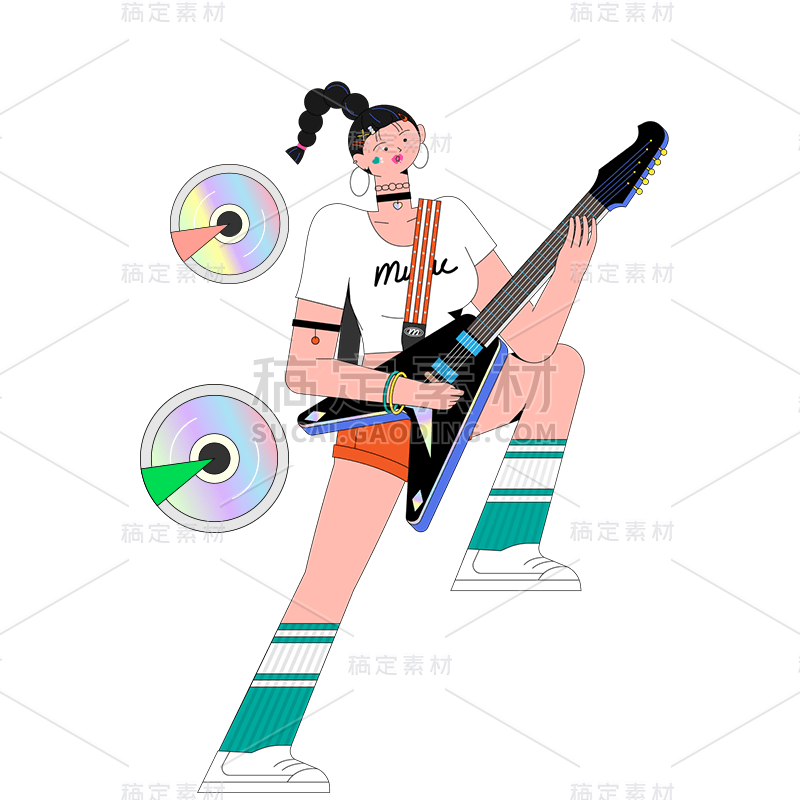 卡通感动感女生弹吉他元素贴纸