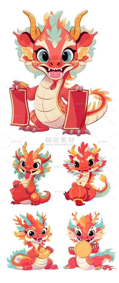 素材组合-龙年春节新春新年过年除夕卡通感插画可爱拟人龙元素素材