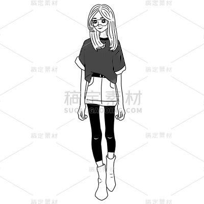 手绘-线稿简笔画人物穿搭贴纸4
