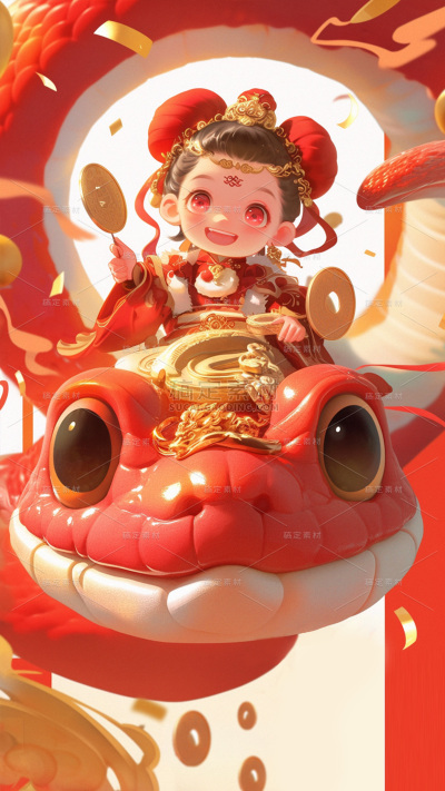 蛇年春节软3D儿童生肖金币祥云组合背景