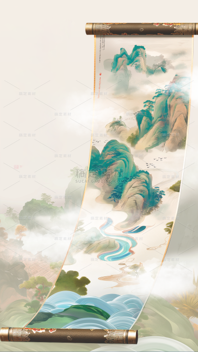 通用中国风水墨绿色卷轴山水背景素材
