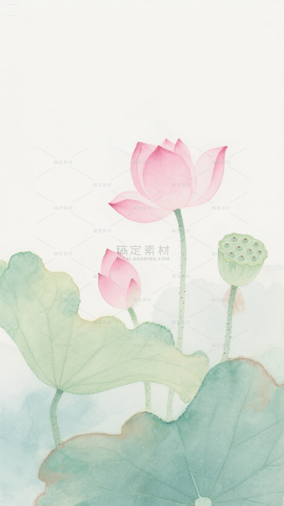 处暑国风水彩荷花荷叶莲蓬插画背景