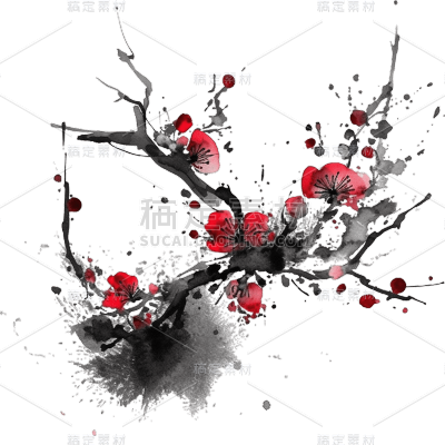 中国风水墨国画红色梅花