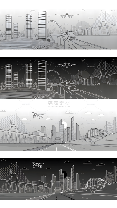 常规系列-建筑系列插画风黑色渐变背景白色描边线稿城市建筑交通元素插画组合
