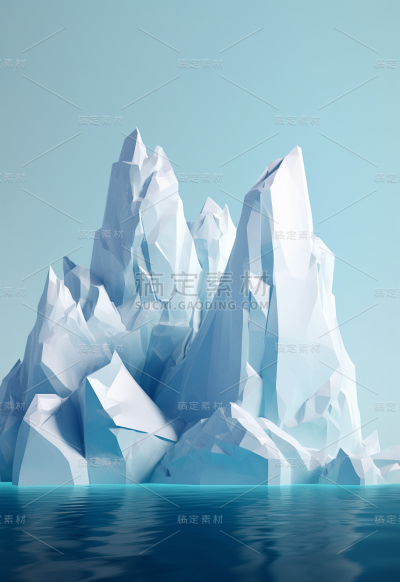 天空下冰冷的冰山的照片，以支离破碎的广告、zbrush、干净的线条、纯粹的形式、明亮的雕塑、宁静的水彩、白色和蓝色、充满光线的构图为风格