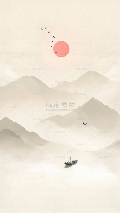中国风通用山水背景黄褐色太阳水墨图片素材