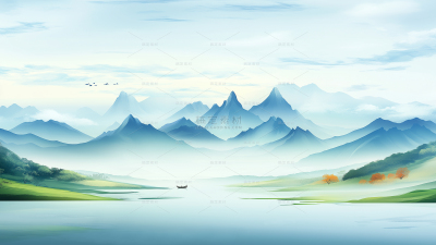 背景系列水墨群山蓝天白背景云渐变