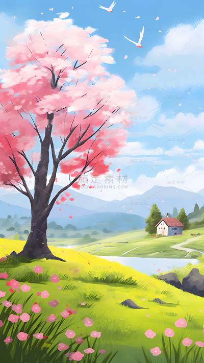春天春季春日氛围感插画旷野场景背景图片素材