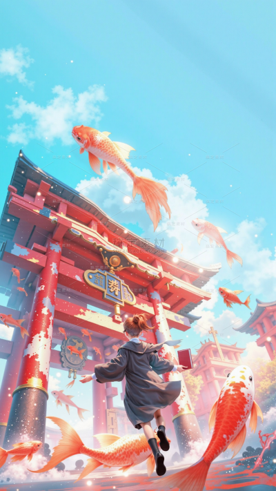 高考青春感鲤鱼跃龙门人物创意背景