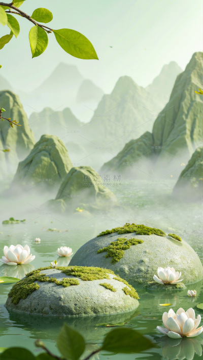 清明节实景山水石头盘子展台背景