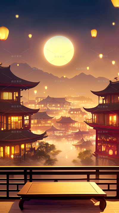 中秋节古风建筑展台背景