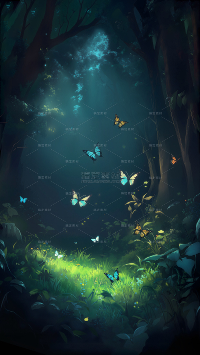 风光系列动漫感黑夜森林蝴蝶背景