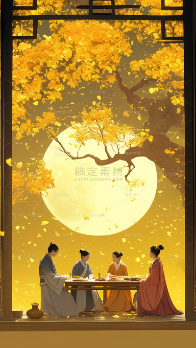 中秋节系列新中式月亮人影通用背景素材