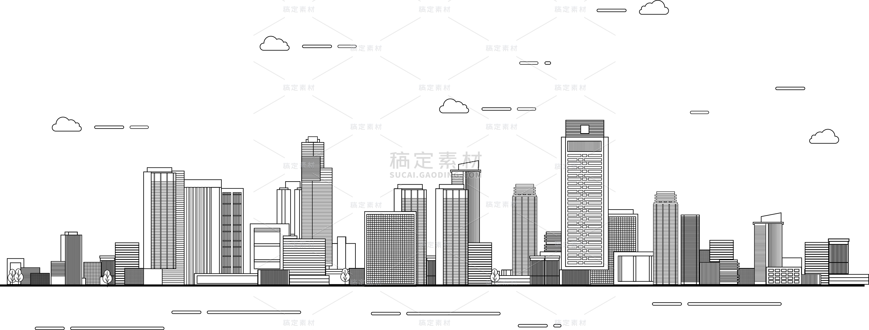 建筑系列手绘黑白线稿插画城市建筑剪影元素（td）