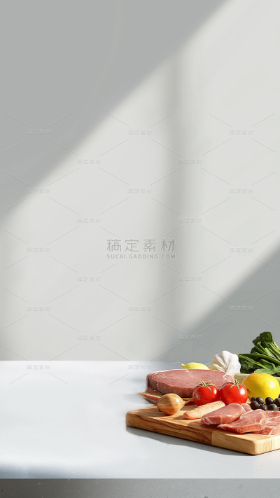 家居通用写实餐桌食材纯色墙面光影背景