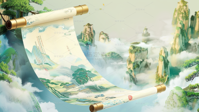 通用中国风水墨绿色卷轴山水背景素材