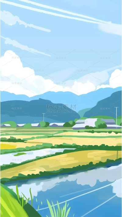 谷雨通用插画风耕田水景山地蓝天青山乡间背景图片素材