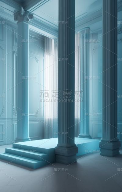 空房间3d渲染图，浅靛蓝色，古典圆柱