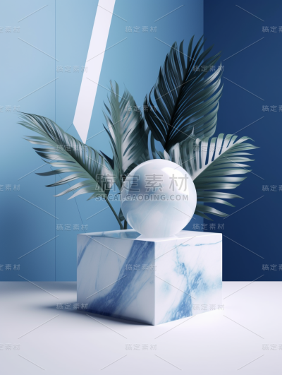 3D背景，方形大理石和球体、棕榈叶，摄影打光，3D，OC渲染，8K