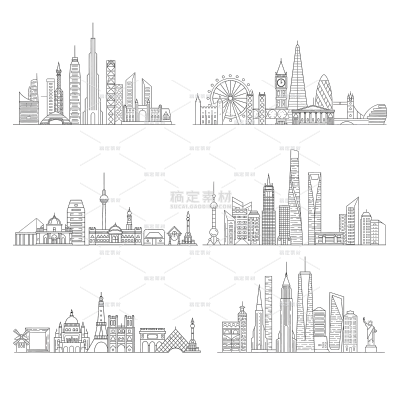 建筑系列插画风黑色城市建筑线稿元素组合（td）