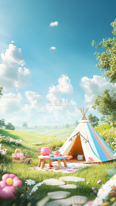 风光系列春日感3D蓝天草地露营场景