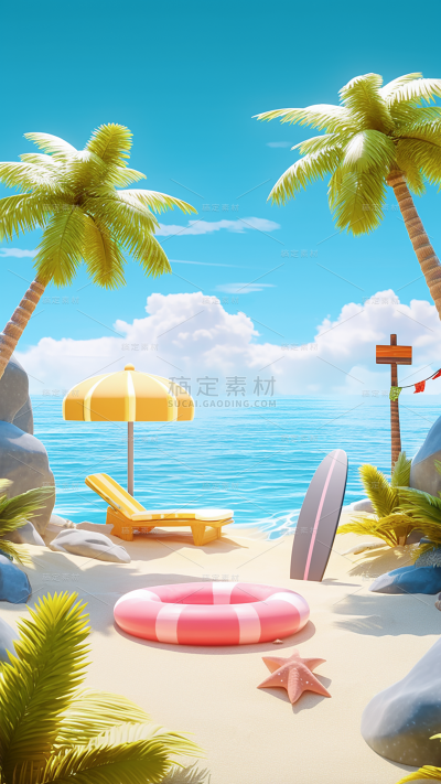 夏天夏季夏日海边3D立体场景背景素材