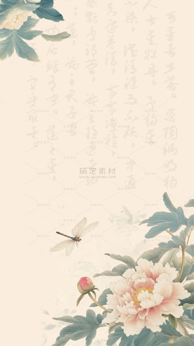 植物系列古风插画牡丹花毛笔字背景