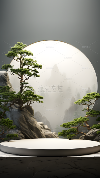 通用电商国风自然山树风景展台场景背景