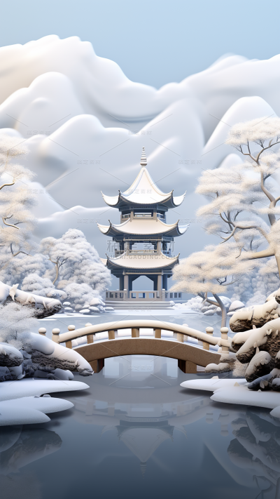 冬季冬天通用插画中国风中式古建筑自然山水积雪场景背景