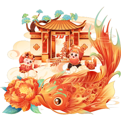 龙年春节新春新年过年除夕卡通感可爱拟人龙年俗插画场景组合元素素材