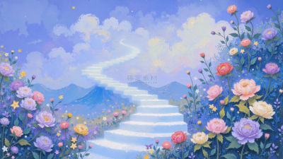 常规风光系列肌理感油画鲜花楼梯山脉背景