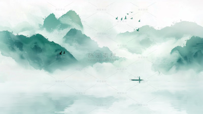 中国风通用春绿色古风山水背景场景图片素材