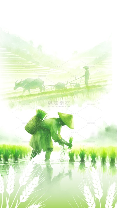 芒种清新感水墨渐变小麦人物农耕背景