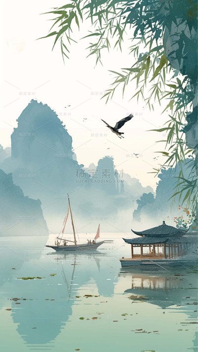 清明节通用水墨风山水柳叶插画背景场景图片素材