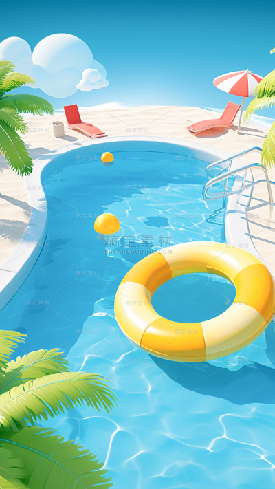 通用3D立体夏季夏日泳池场景背景素材