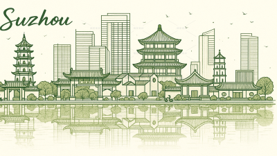 建筑系列清新感绿色苏州城市建筑线稿插画（td）