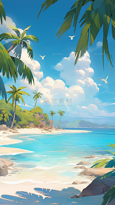 夏日通用背景动漫风海边椰子树