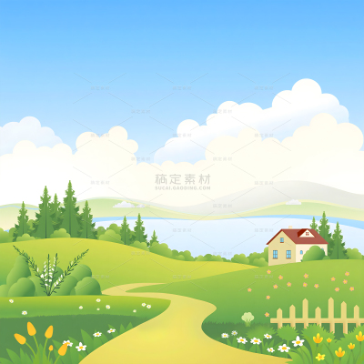 风光系列卡通风蓝天白云草坪房屋插画（td）